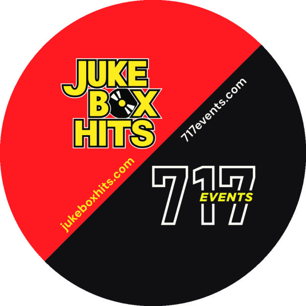 Logo for Juke Box Hits aka 717 Events is a circle half red with jukeboxhits.com and half black with 717events.com