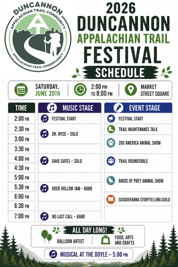 2:00 PM FESTIVAL START 2:30 PM DR. NYCE - SOLO 4:00 PM DAVE GATES - SOLO TRAIL ROUNDTABLE 5:00 PM MUSICAL at the Doyle BIRDS OF PREY ANIMAL SHOW 5:30 PM ROCK HOLLOW JAM - BAND 6:00 PM SUSQUEHANNA STORYTELLING GUILD 7:00 PM NO LAST CALL - BAND ALL DAY LONG! BALLOON ARTIST FOOD, ARTS AND CRAFTS
